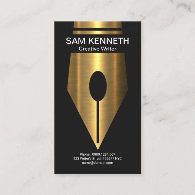 Shimmering Luminous Faux Gold Pen Creative Writer Business Card (Front)