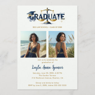 Shimmering Navy & Gold Law Graduation Cap 2-Photo Invitation
