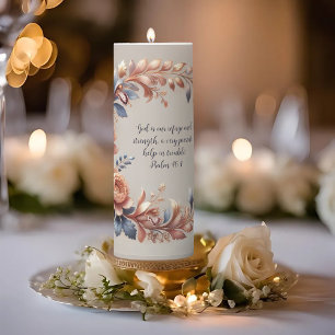 Shimmering Peach and Blue Customizable Bible Verse Pillar Candle
