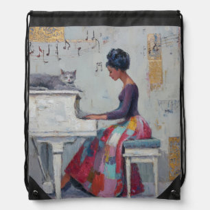 Shimmering Piano Lady Purple Gray Cat Drawstring Bag