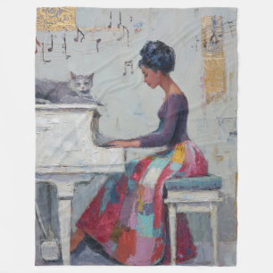 Shimmering Piano Lady Purple Gray Cat Fleece Blanket