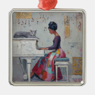Shimmering Piano Lady Purple Gray Cat Metal Ornament