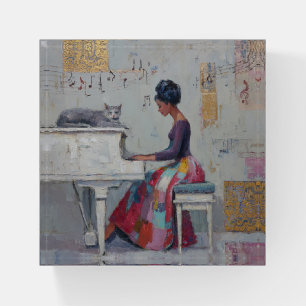 Shimmering Piano Lady Purple Gray Cat Paperweight