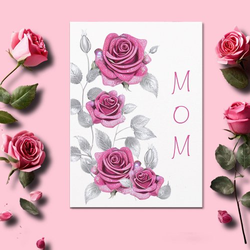 Shimmering Pink Roses with Silver Mothers Day  Card