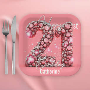 Shimmering Pink & Silver Gemstones 21st Birthday Paper Plates