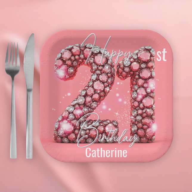 Shimmering Pink & Silver Gemstones 21st Birthday Paper Plates (Creator Uploaded)
