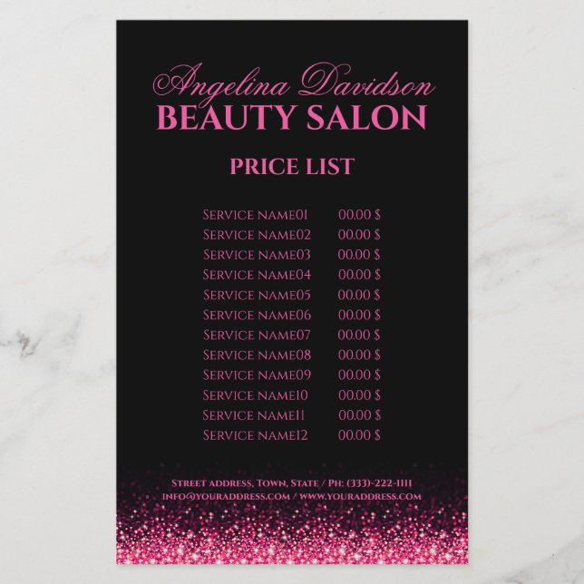 Shimmering Pink Star Design Black Price List Flyer (Front)