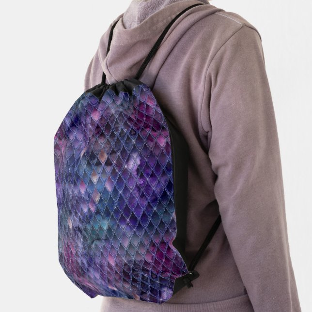Shimmering Purple Ombre & Glitter Dragon Scales Drawstring Bag (Insitu)