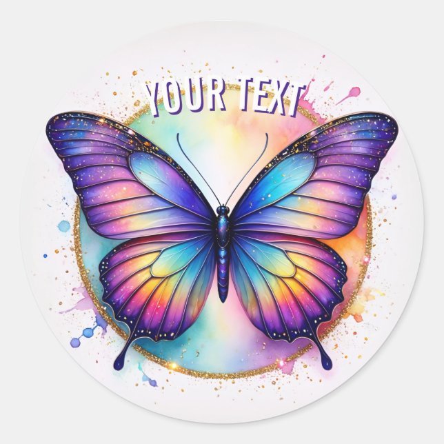 Shimmering Rainbow Butterfly Classic Round Sticker (Front)