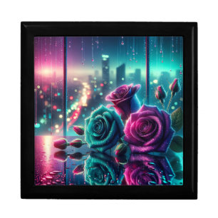 “Shimmering Raindrop Rose Cityscape Bokeh Art” Gift Box
