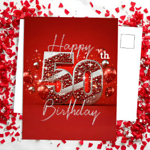 Shimmering Red and Silver 50th Birthday Postcard