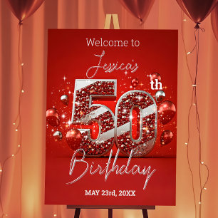 Shimmering Red and Silver 50th Birthday Welcome Foam Board