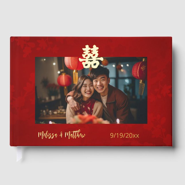 Shimmering Red Photo Chinese Wedding Foil Guest Book (Front)
