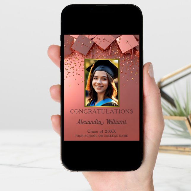 Shimmering Rose Gold Graduation Caps and Photo Card (Front Digital)
