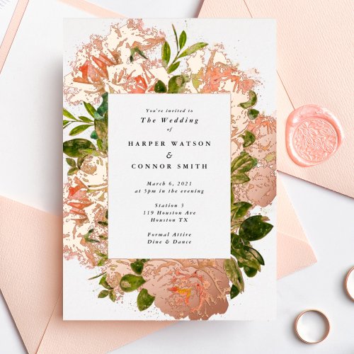 Shimmering Rose Gold Romance Watercolor Wedding Foil Invitation