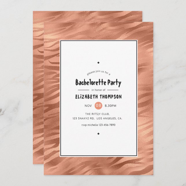 Shimmering Rose Gold Tiger Stripes Bachelorette Invitation (Front/Back)