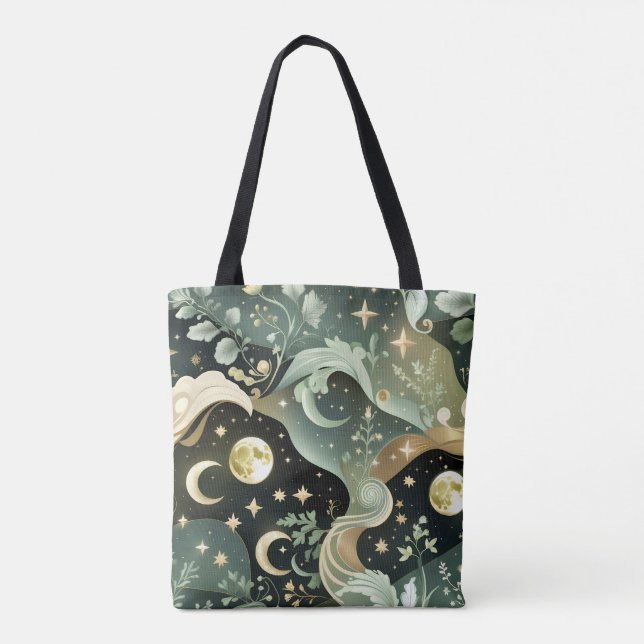 Shimmering Sage Green Celestial Moon Accessory Tote Bag (Back)