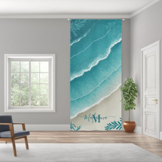 Shimmering Sand Teal Turquoise Beach Shore Waves  Blackout Curtains