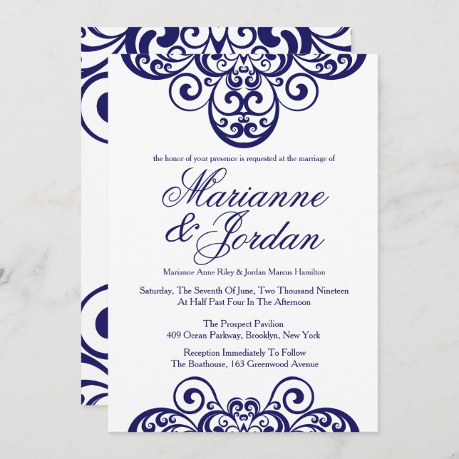 Shimmering Sapphire Ornate Wedding Invitations (Front/Back)