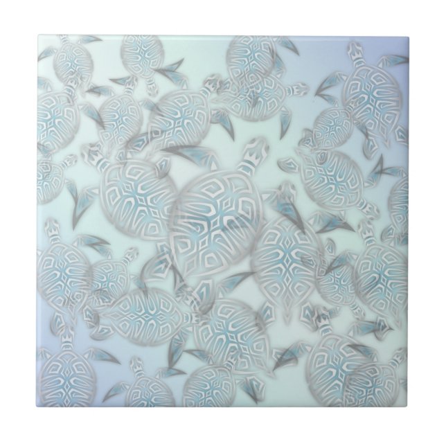 "Shimmering Sea Turtles" | Silver Modern Coastal Ceramic Tile (Front)