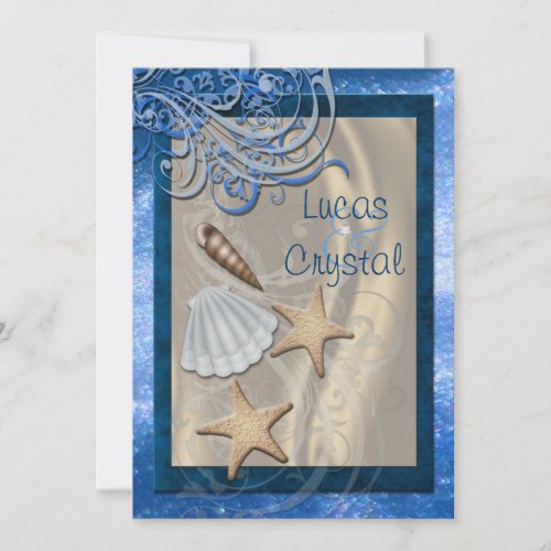Shimmering Seashell Blue Beach Wedding Invitation