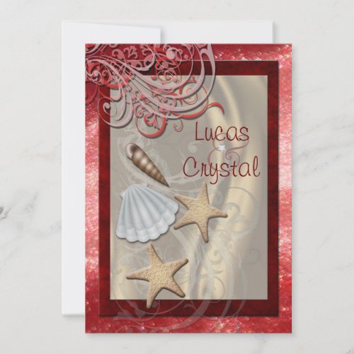 Shimmering Seashell Red Beach Wedding Invitation