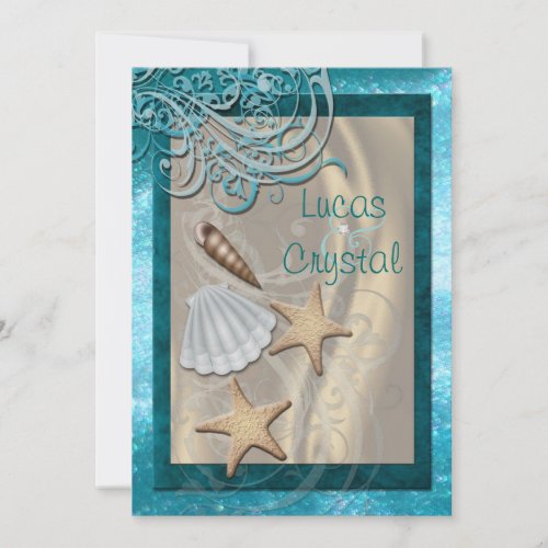 Shimmering Seashell Teal Beach Wedding Invitation