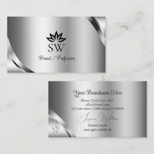 Shimmering Silver Details with Leafy Monogram Business Card
