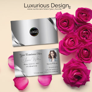 Shimmering Silver Details with Logo and Photo Business Card
