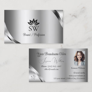 Shimmering Silver Details with Monogram and Photo Business Card