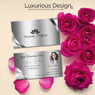 Shimmering Silver Details with Petals and Photo Business Card