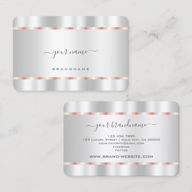 Shimmering Silver Glamorous Rose Gold Lines Modish Business Card (Front/Back)