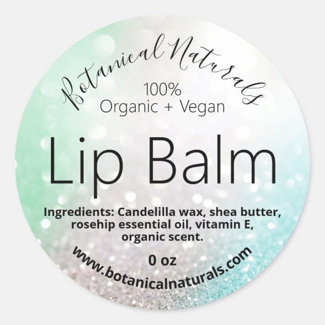 Shimmering Silver Glitter Mint Blue Lip Balm Label (Front)