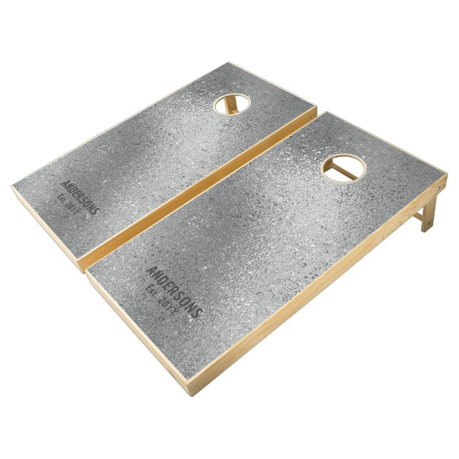 Shimmering silver-gray iridescent texture cornhole set (Angled)