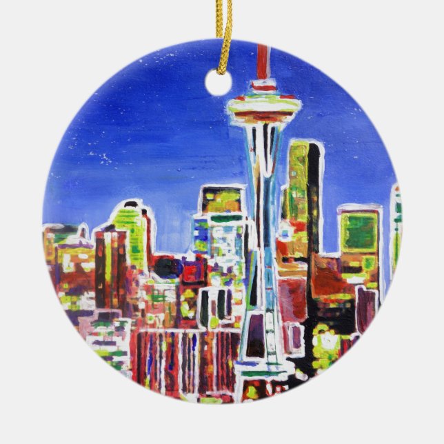 Shimmering Skyline Of Seattle With Space Needle Ceramic Ornament (Front)