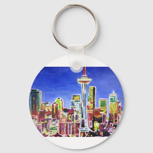 Shimmering Skyline Of Seattle With Space Needle Keychain