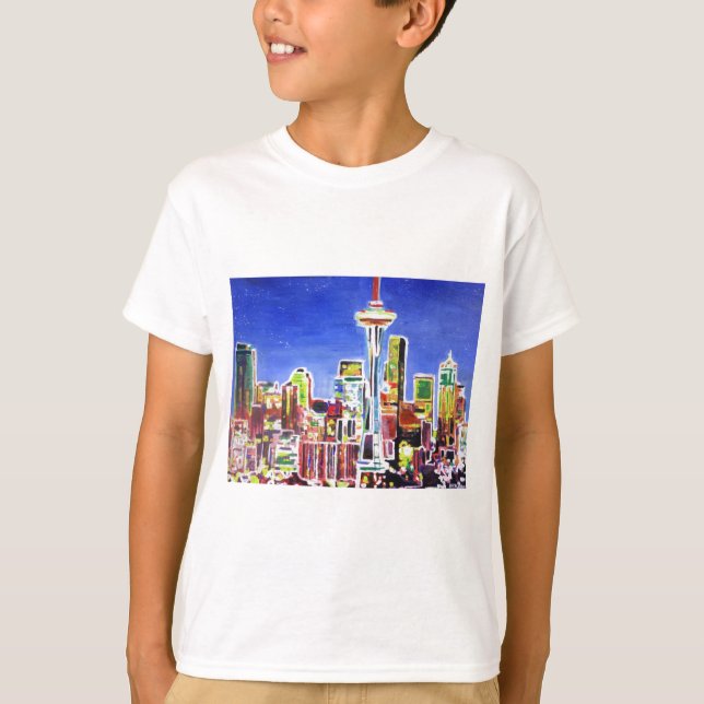 Shimmering Skyline Of Seattle With Space Needle T-Shirt (Front)