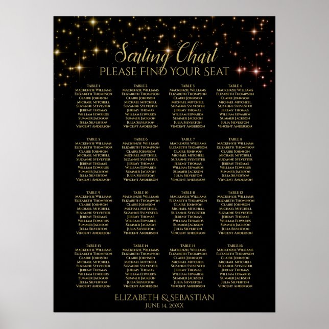 Shimmering Sparkles 16 Table Wedding Seating Chart (Front)