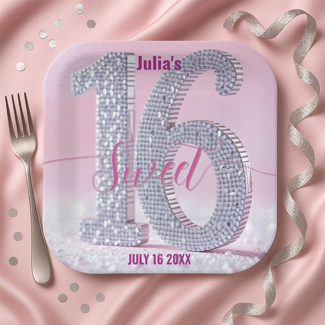Shimmering Stylish Chic Rhinestone Sweet Sixteen Paper Plates (Creator Uploaded)