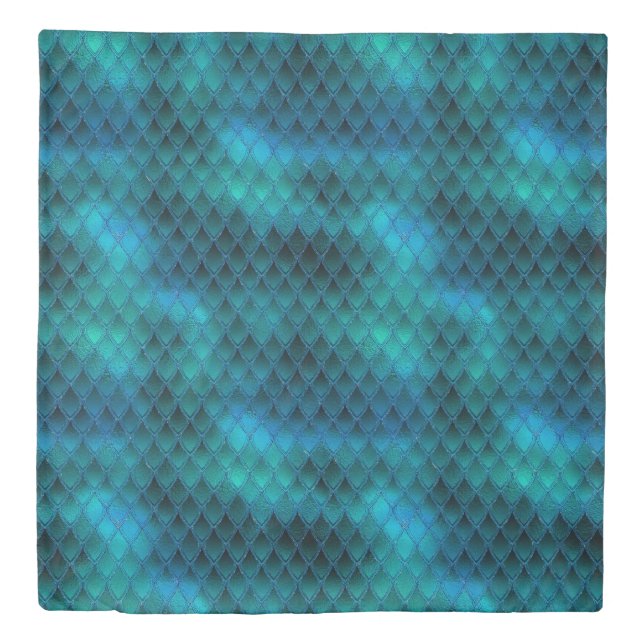Shimmering Teal & Glitter Dragon Scales Duvet Cover (Front)