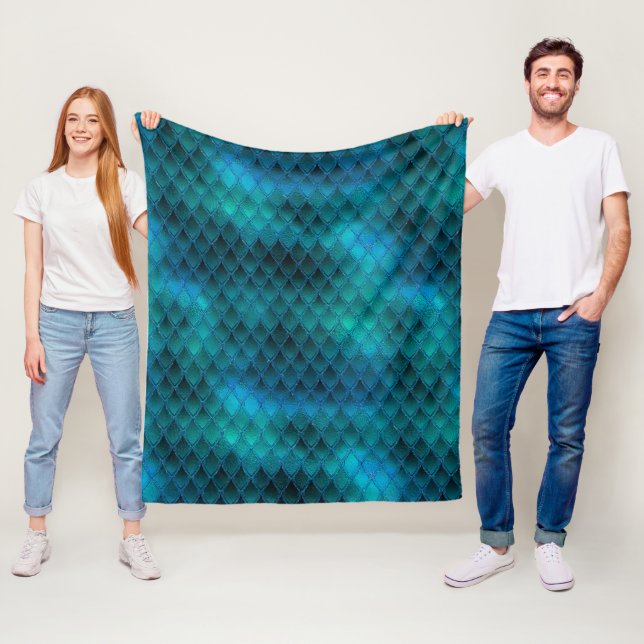Shimmering Teal & Glitter Dragon Scales Fleece Blanket (In Situ)