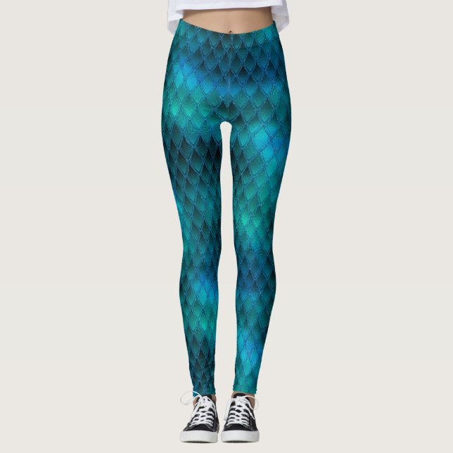 Shimmering Teal & Glitter Dragon Scales Leggings (Front)