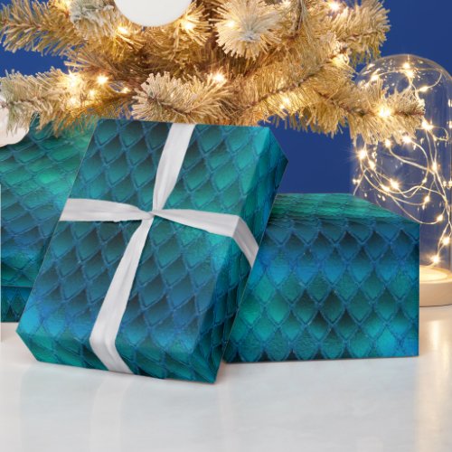 Shimmering Teal  Glitter Dragon Scales Wrapping Paper