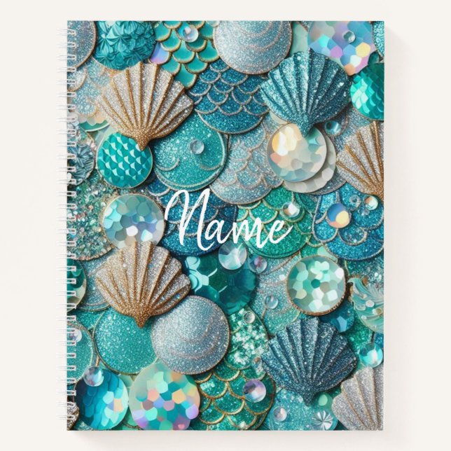 Shimmering Teal Mermaid Tail Print Name Notebook (Front)