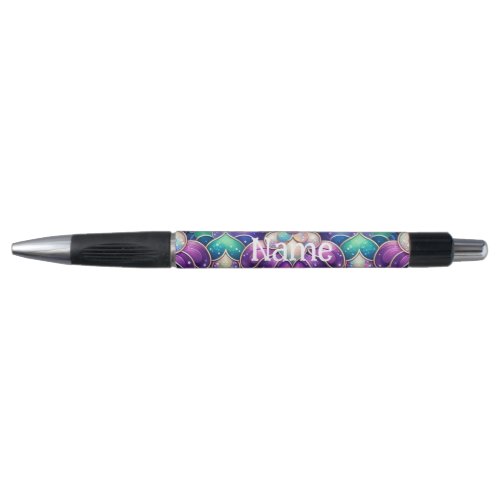 Shimmering Teal Purple Mermaid Tail Print Name Pen