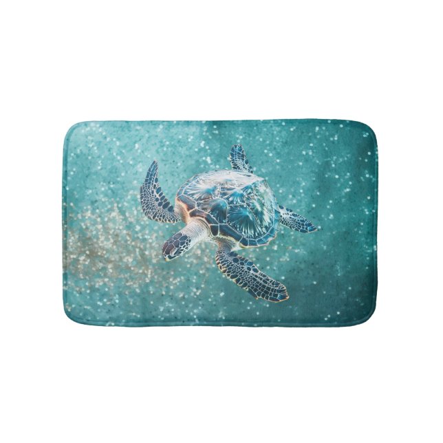 Shimmering Turquoise Sea Turtle | Coastal Bath Mat (Front)
