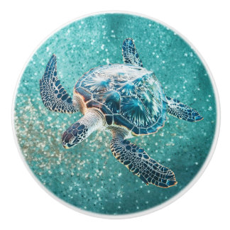 Shimmering Turquoise Sea Turtle | Coastal Ceramic Knob