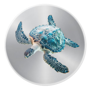 Shimmering Turquoise Sea Turtle   Coastal Ceramic Knob