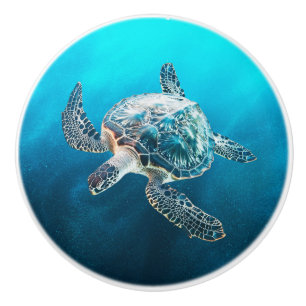 Shimmering Turquoise Sea Turtle   Coastal Ceramic Knob