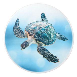 Shimmering Turquoise Sea Turtle   Coastal Ceramic Knob